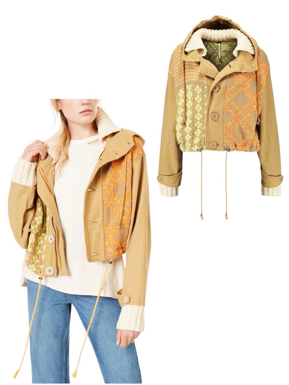 Free People Reno Crop Patchwork Knit Button Zip Up Hooded Jacket